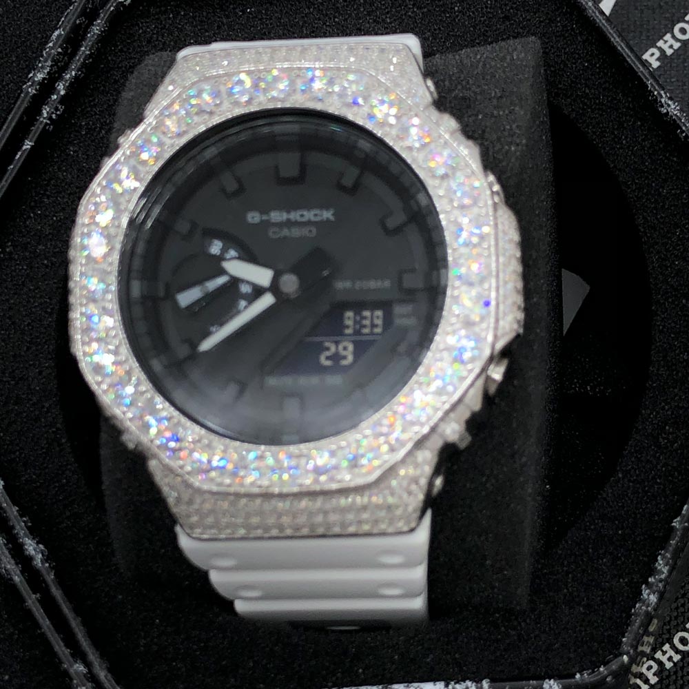 Big Boy Moissanite VVS Iced Out G Shock GA2100 Custom Watch 8.50 Carat Black Dial | White Band HipHopBling
