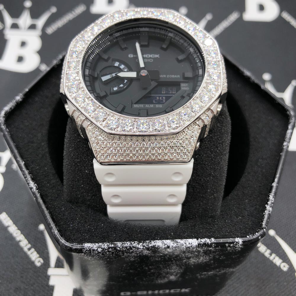Big Boy Moissanite VVS Iced Out G Shock GA2100 Custom Watch 8.50 Carat Black Dial | White Band HipHopBling