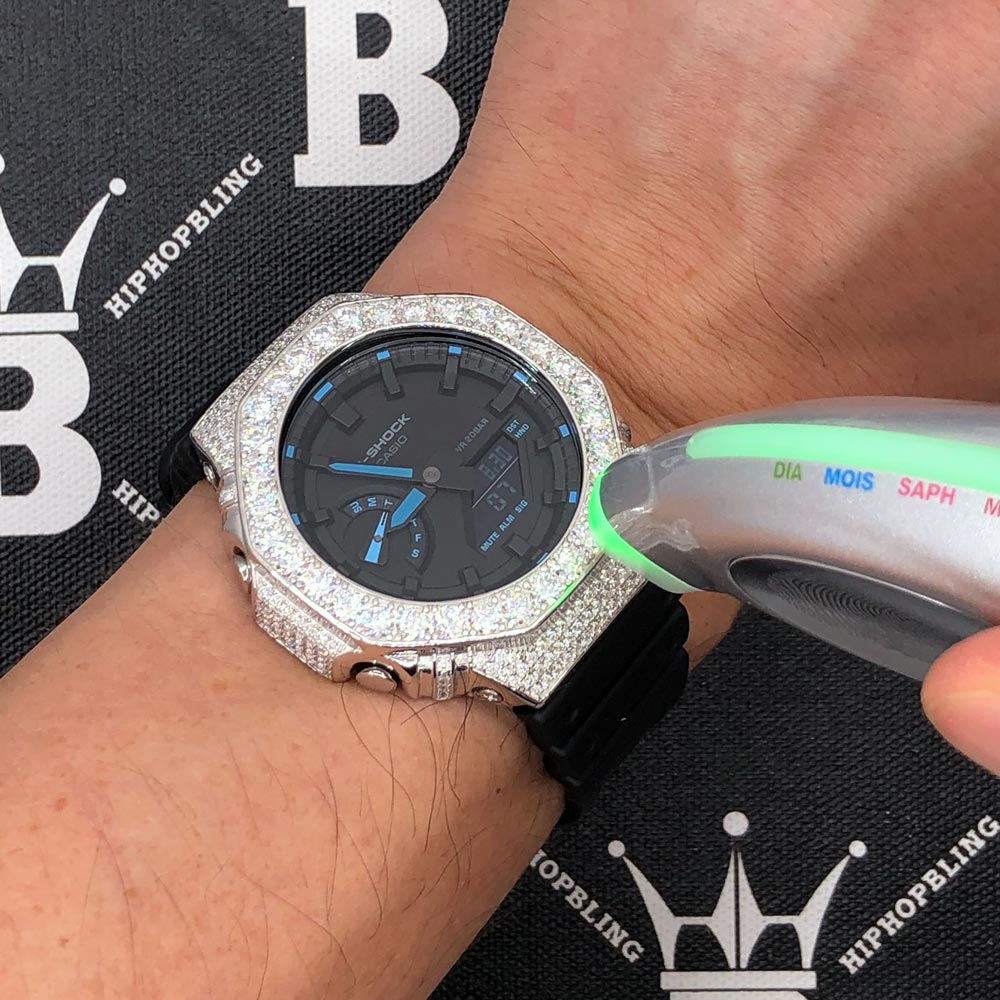 Big Boy Moissanite VVS Iced Out G Shock GA2100 Custom Watch 8.50 Carat Blue Hours | Black Dial & Band HipHopBling