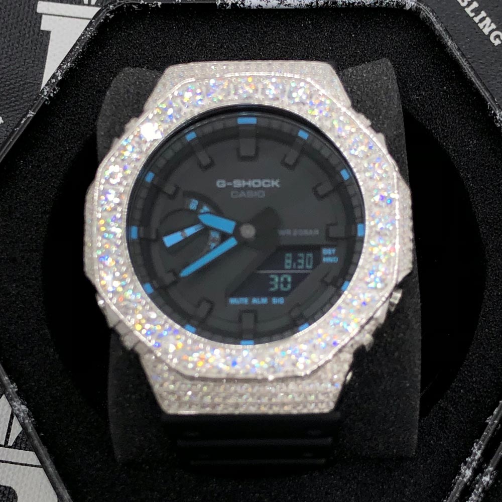 Big Boy Moissanite VVS Iced Out G Shock GA2100 Custom Watch 8.50 Carat Blue Hours | Black Dial & Band HipHopBling