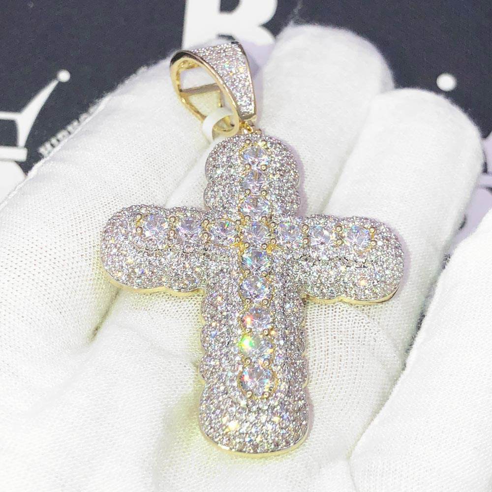 Big Bubble Cross CZ Hip Hop Bling Bling Pendant Yellow Gold HipHopBling
