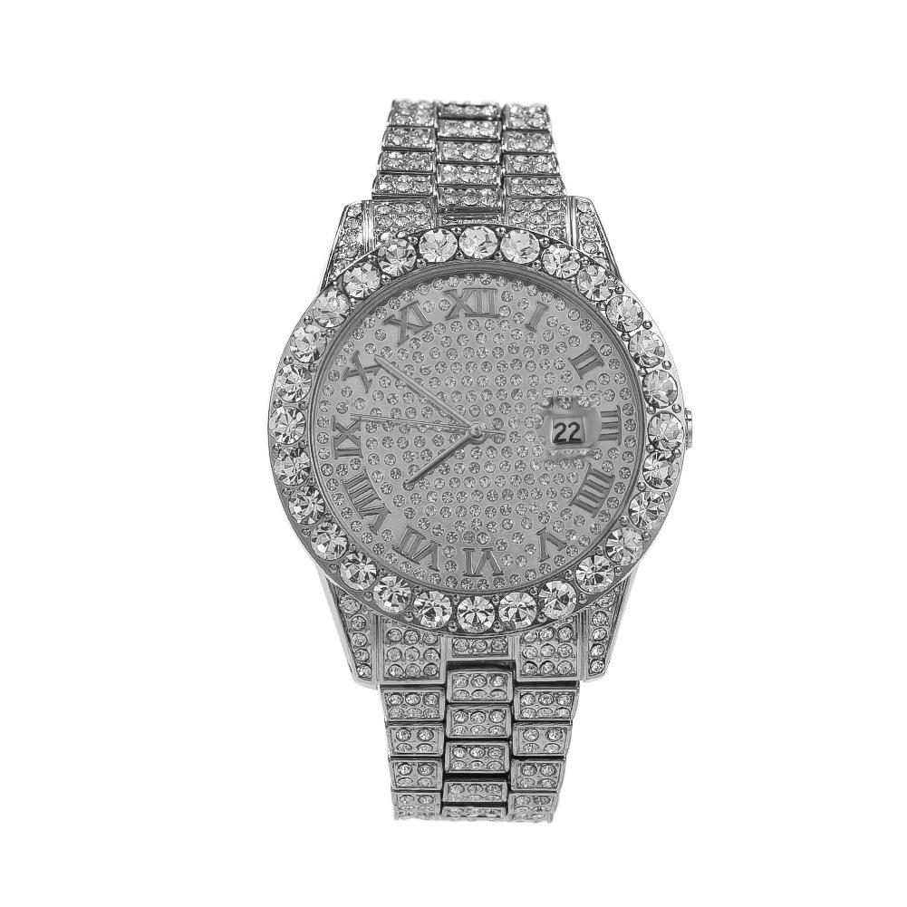 Big Rocks with Date Iced Out Bling Hip Hop Watch White Gold HipHopBling