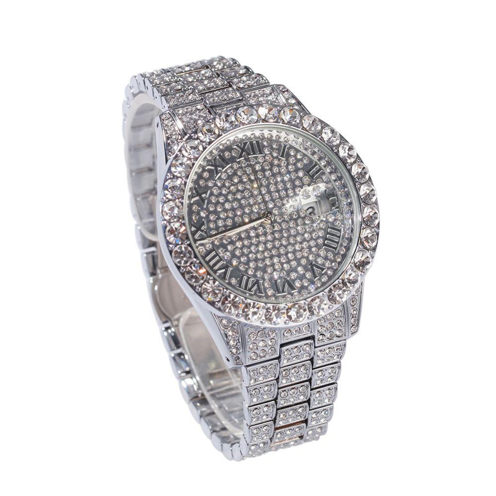Big Rocks with Date Iced Out Bling Hip Hop Watch Yellow Gold HipHopBling