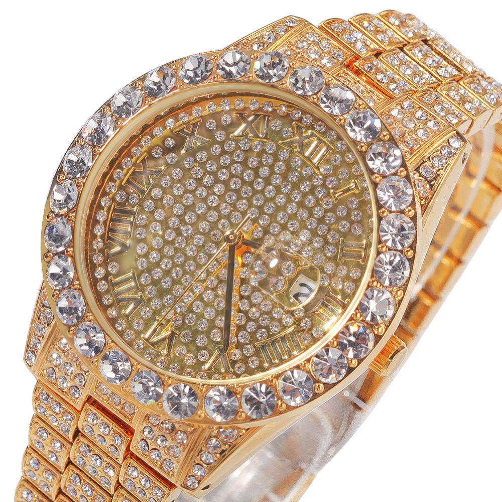 Big Rocks with Date Iced Out Bling Hip Hop Watch Yellow Gold HipHopBling