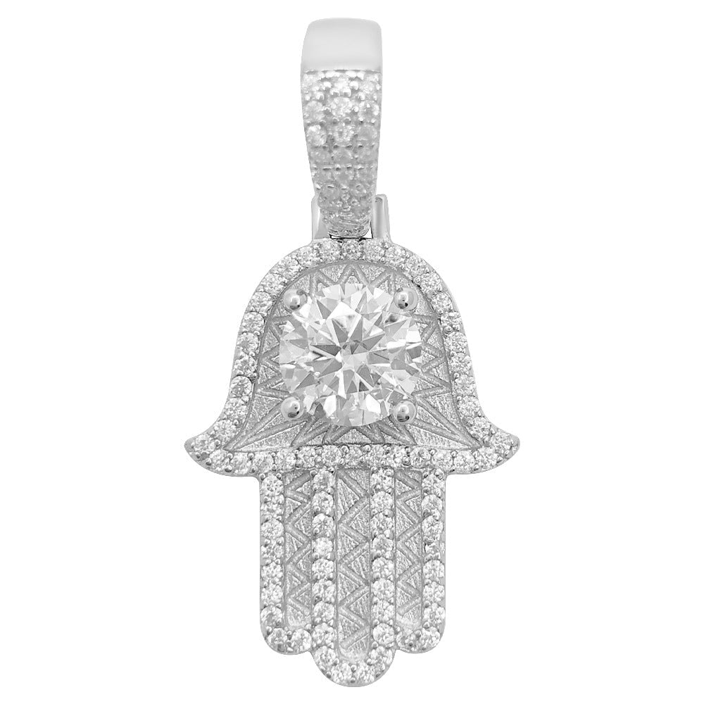 Big Stone Mini Hamsa 2.10 Carat VVS Moissanite Pendant .925 Sterling Silver HipHopBling