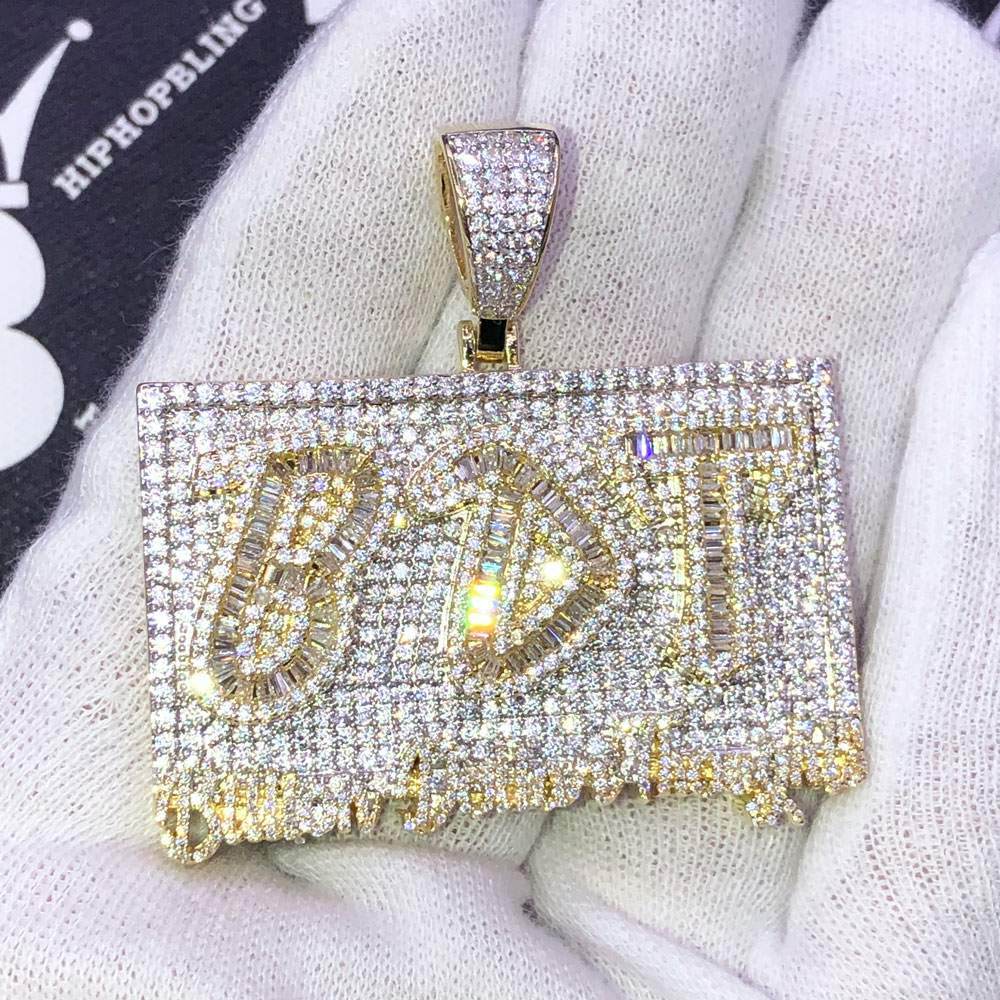 Billion Dollar Thoughts BDT Baguette VVS CZ Hip Hop Iced Out Pendant Yellow Gold HipHopBling