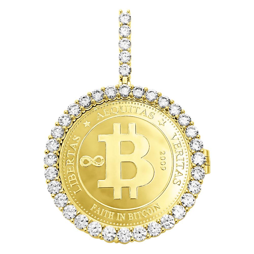 BITCOIN Coin Iced Out Frame Pendant Yellow Gold Tennis CZ Frame HipHopBling