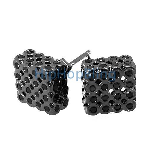 Black 3D LG CZ Bezel Box .925 Silver Hip Hop Earrings HipHopBling