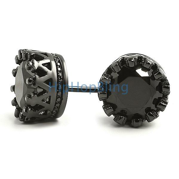 Black Crown Round Cut CZ Bling Bling Earrings HipHopBling