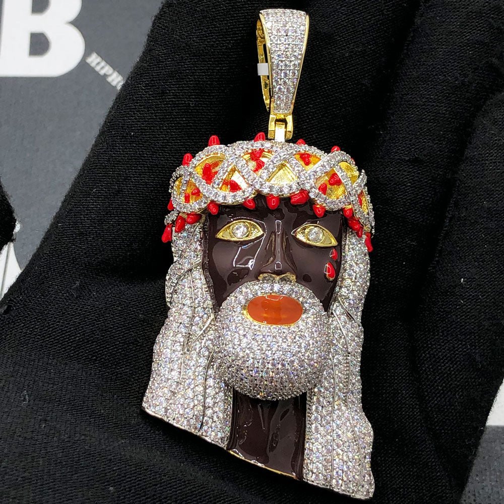 Black Face Jesus VVS CZ Hip Hop Bling Pendant Yellow Gold HipHopBling