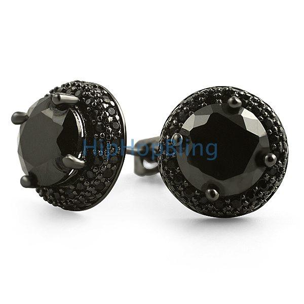 Black Solitaire Center Micro Pave Border CZ Earrings HipHopBling
