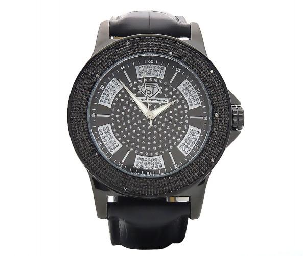 Black Super Techno Watch .10ct Real Diamonds Leather HipHopBling