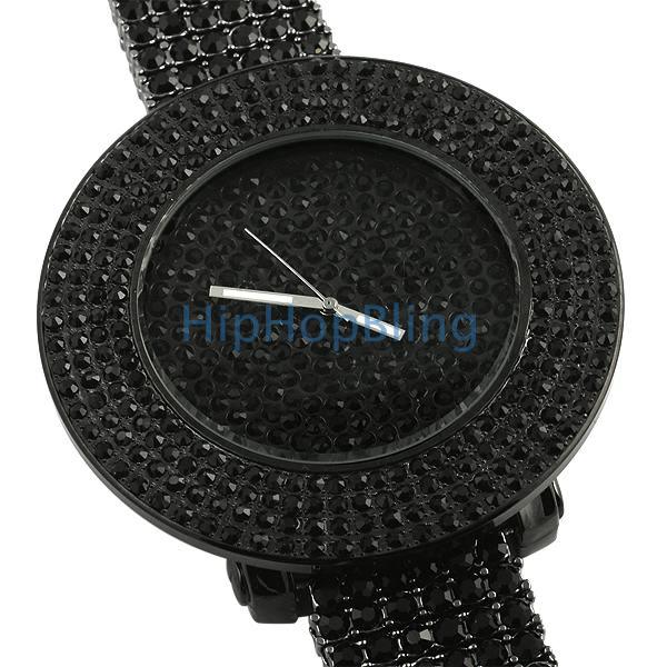 Black Totally Iced Out Bling Bling Custom Watch HipHopBling