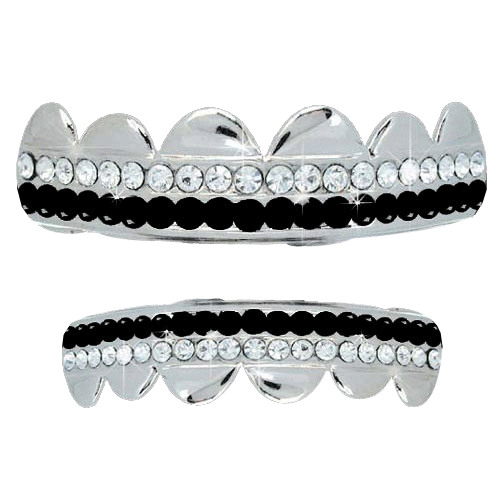 Black / White Double Row Bling Silver Grillz Top Bottom Set HipHopBling