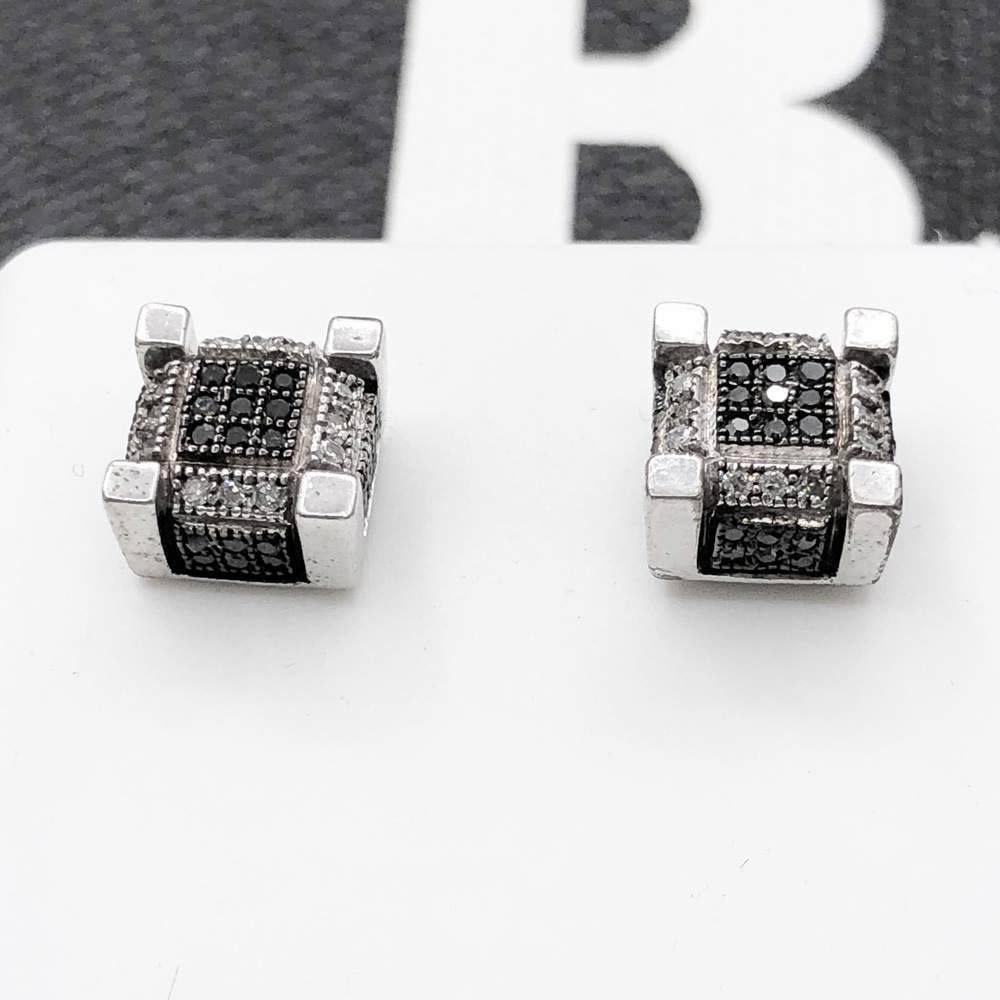 Black/White 3D Cube Diamond .29cttw Earrings .925 Sterling Silver HipHopBling