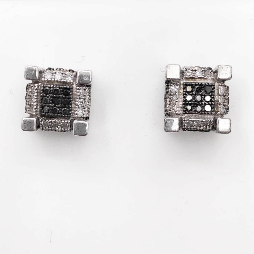 Black/White 3D Cube Diamond .29cttw Earrings .925 Sterling Silver HipHopBling