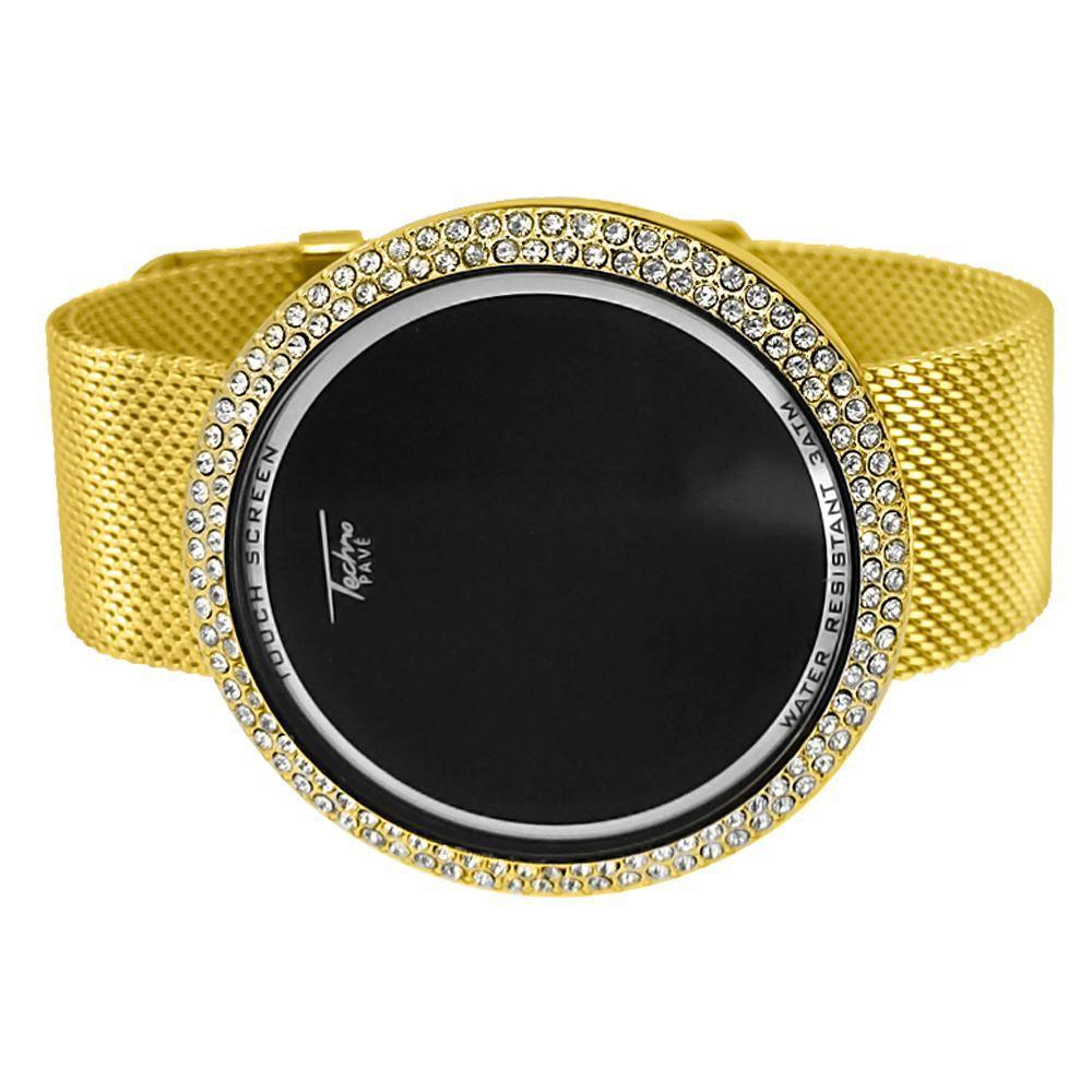 Bling Bling Gold Mesh Band Round LED Touch Screen Watch HipHopBling