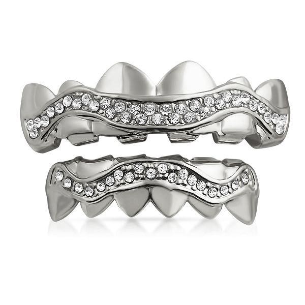 Bling Bling Grillz Silver Wavy Iced Out Set HipHopBling