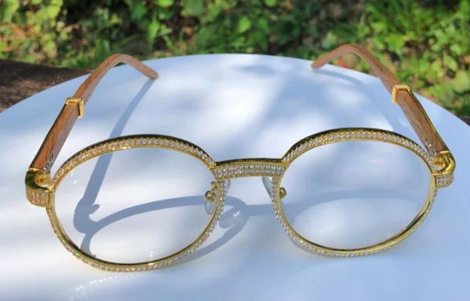 Bling Bling Sunglasses CZ Wooden Frames Gold HipHopBling