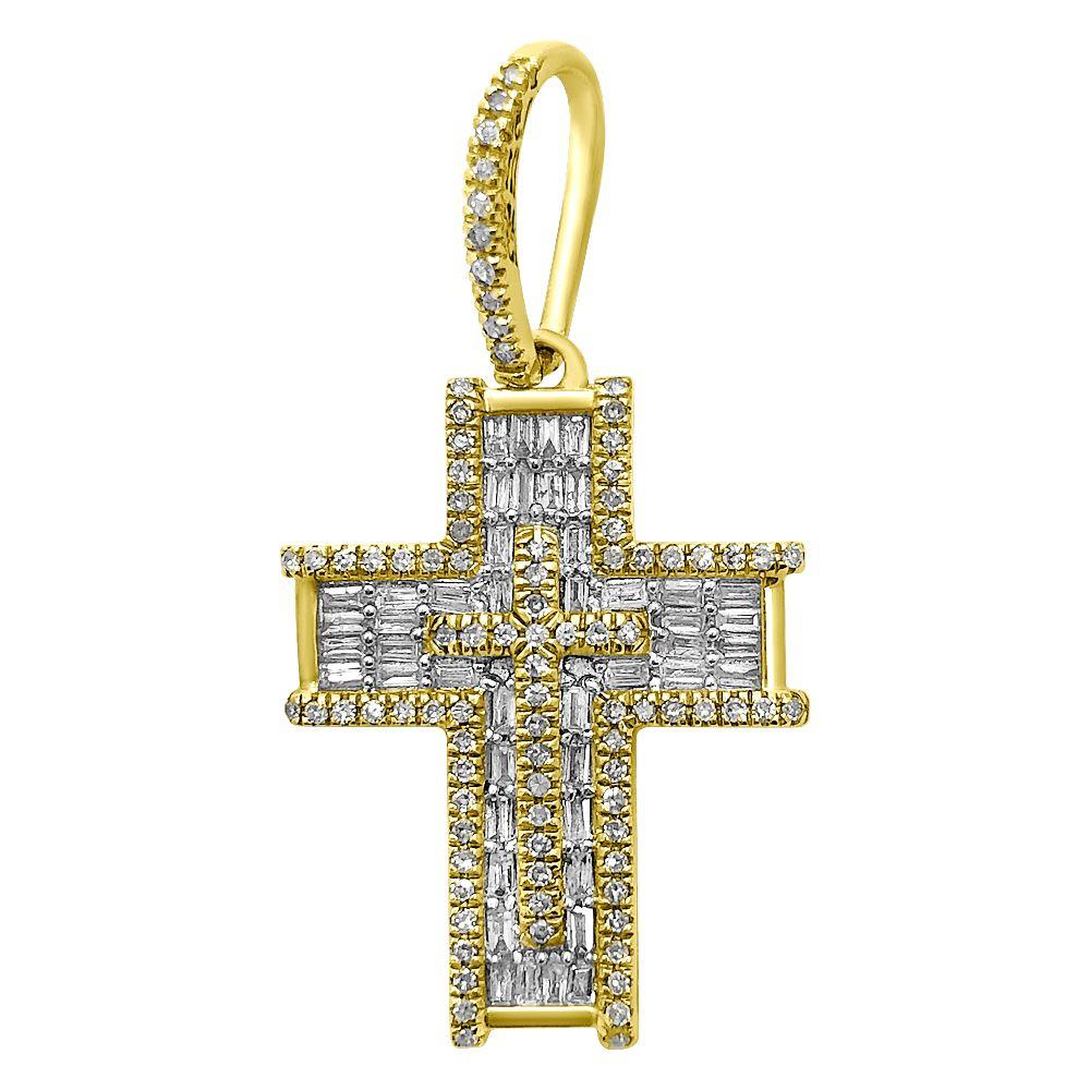 Block Cross Baguette Diamond Pendant .50cttw 10K Yellow Gold HipHopBling