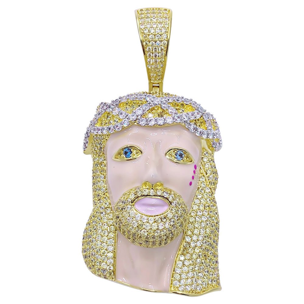 Blonde Blue Eye Jesus VVS CZ Hip Hop Bling Pendant Yellow Gold HipHopBling