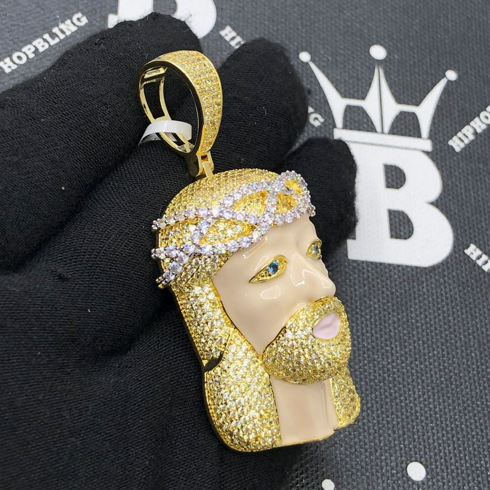 Blonde Blue Eye Jesus VVS CZ Hip Hop Bling Pendant Yellow Gold HipHopBling