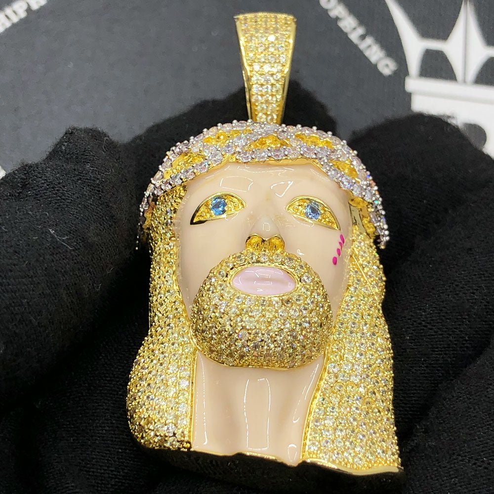 Blonde Blue Eye Jesus VVS CZ Hip Hop Bling Pendant Yellow Gold HipHopBling