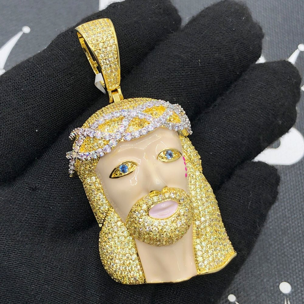 Blonde Blue Eye Jesus VVS CZ Hip Hop Bling Pendant Yellow Gold HipHopBling