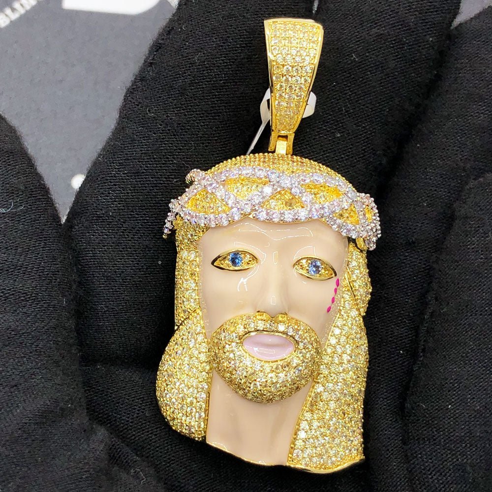 Blonde Blue Eye Jesus VVS CZ Hip Hop Bling Pendant Yellow Gold HipHopBling