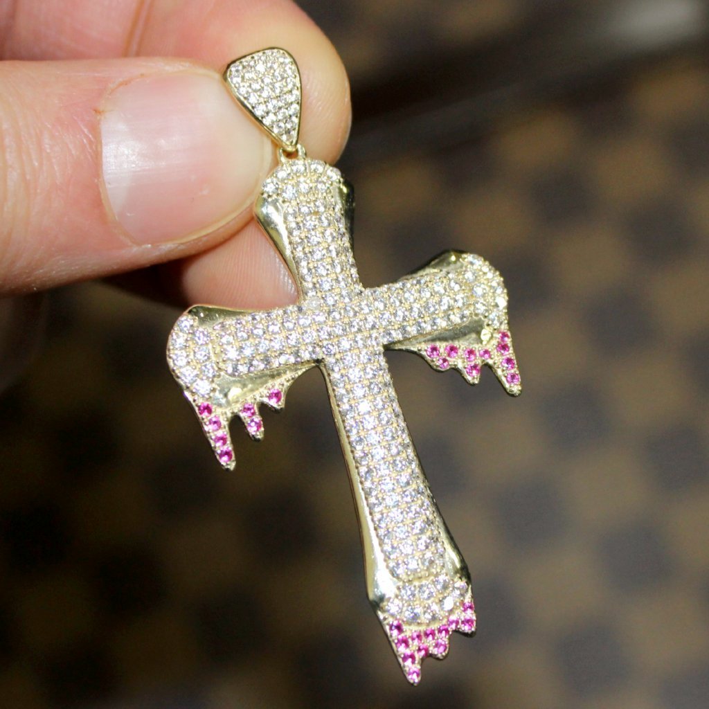 Blood Drip Designer Cross Pendant VVS CZ 10K Yellow Gold HipHopBling