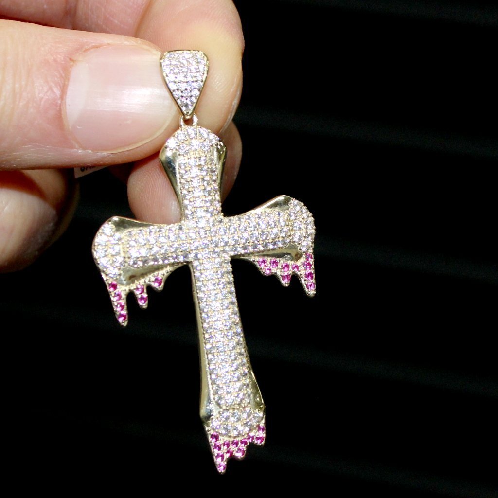 Blood Drip Designer Cross Pendant VVS CZ 10K Yellow Gold HipHopBling