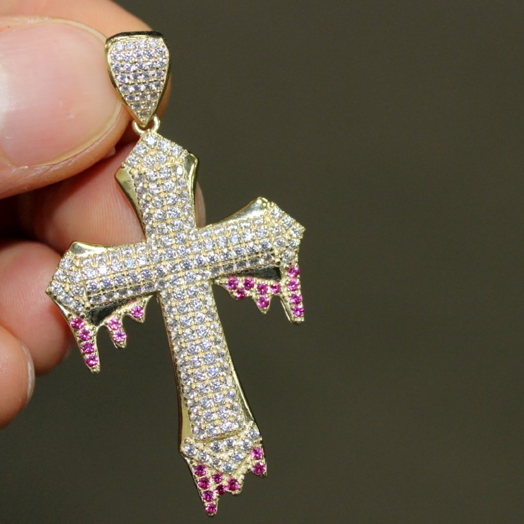 Blood Dripping Hip Hop Cross Pendant VVS CZ 10K Yellow Gold HipHopBling