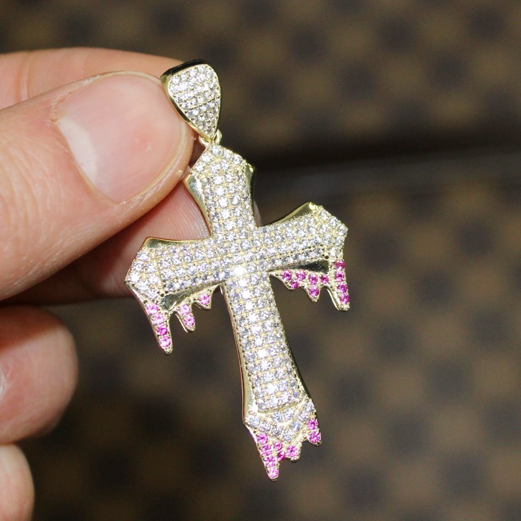 Blood Dripping Hip Hop Cross Pendant VVS CZ 10K Yellow Gold HipHopBling