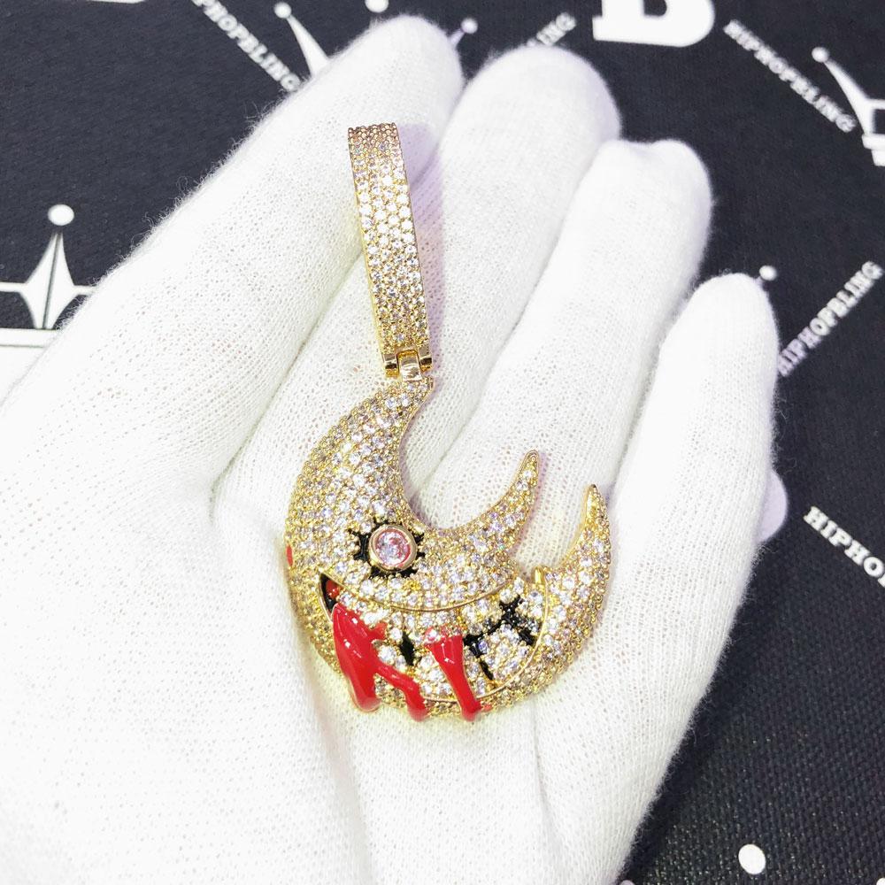 Blood Moon Medium Iced Out Hip Hop Pendant Yellow Gold HipHopBling
