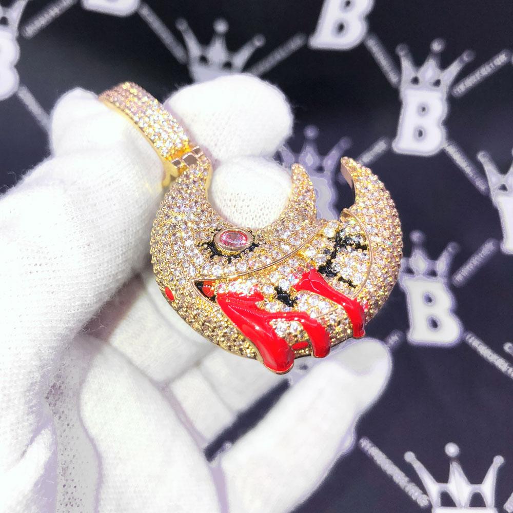 Blood Moon Medium Iced Out Hip Hop Pendant Yellow Gold HipHopBling