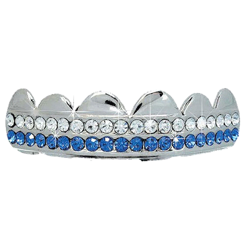 Blue / White Double Iced Out Grillz Silver HipHopBling