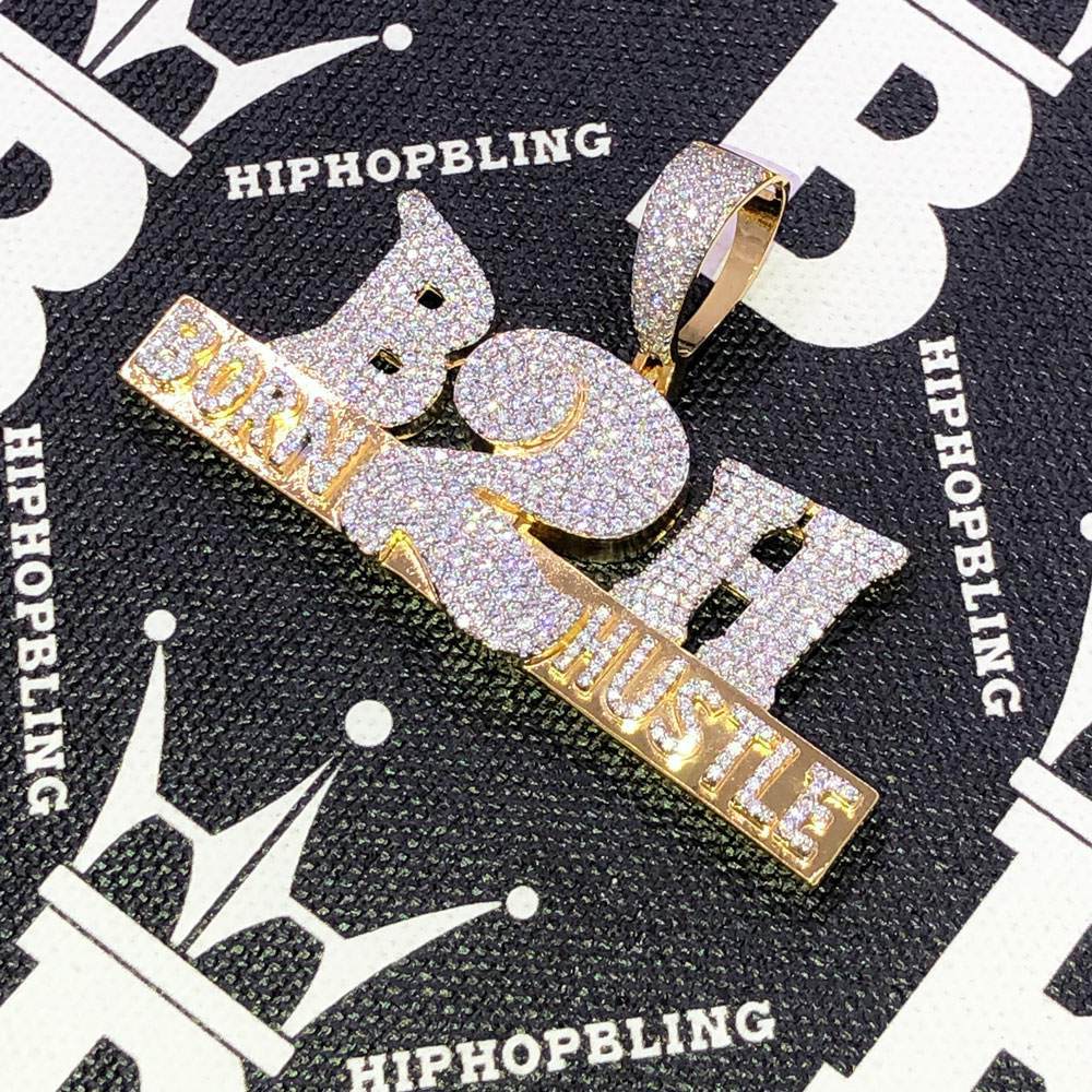 Born 2 Hustle CZ Hip Hop Bling Bling Pendant Yellow Gold HipHopBling