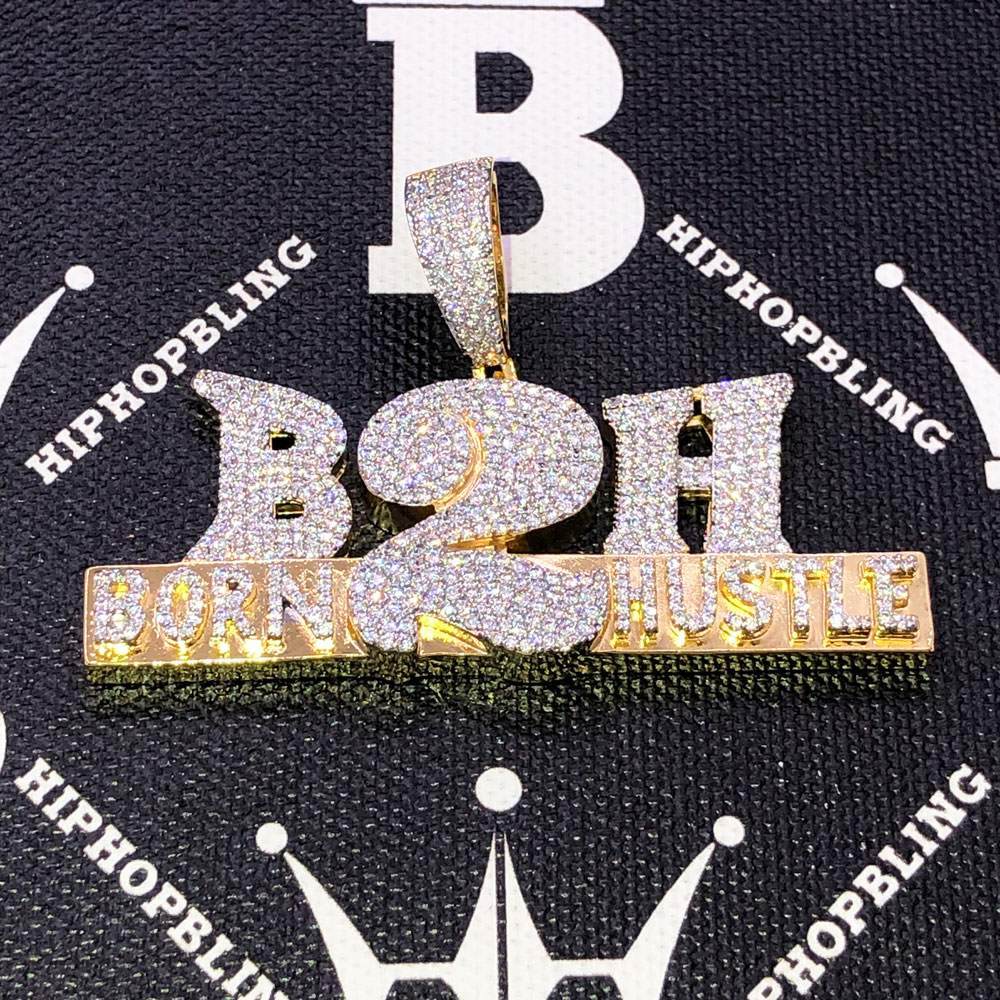 Born 2 Hustle CZ Hip Hop Bling Bling Pendant Yellow Gold HipHopBling