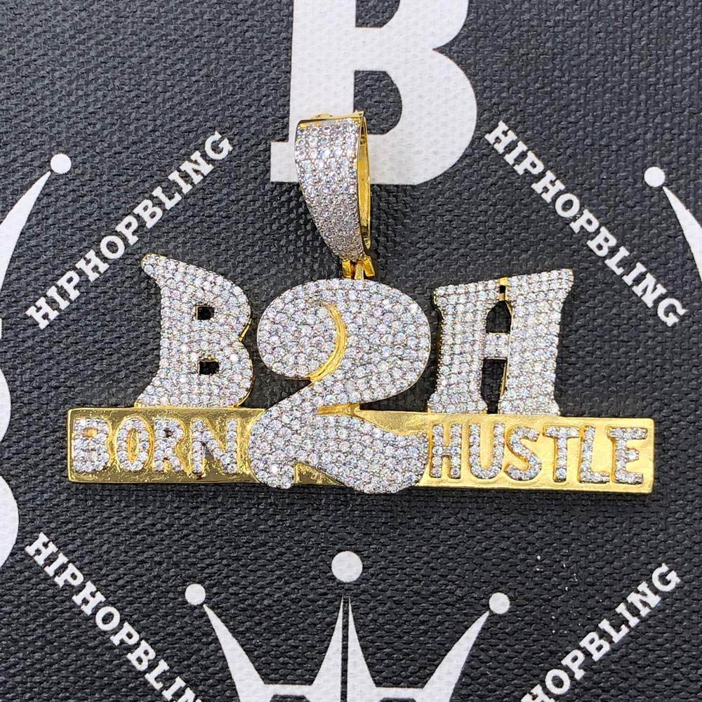 Born 2 Hustle CZ Hip Hop Bling Bling Pendant Yellow Gold HipHopBling