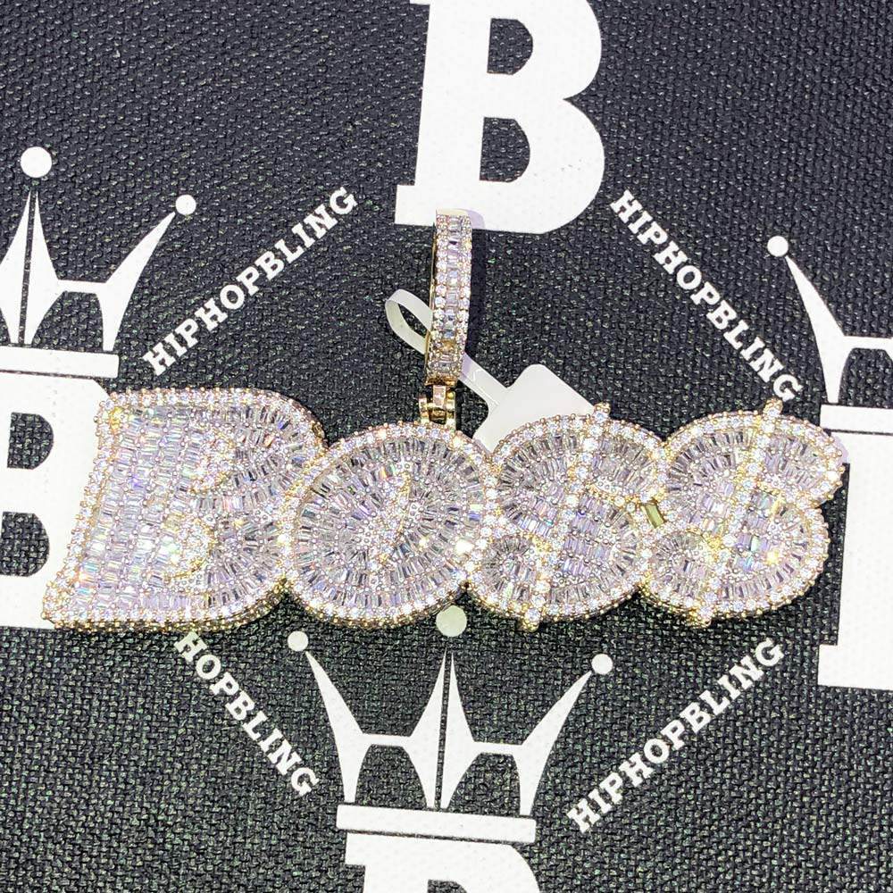 BOSS Baguette CZ Hip Hop Bling Bling Pendant Yellow Gold HipHopBling