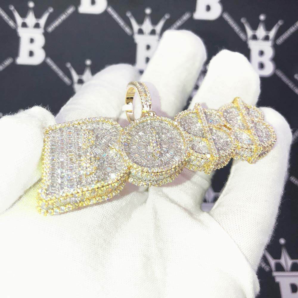 BOSS Baguette CZ Hip Hop Bling Bling Pendant Yellow Gold HipHopBling