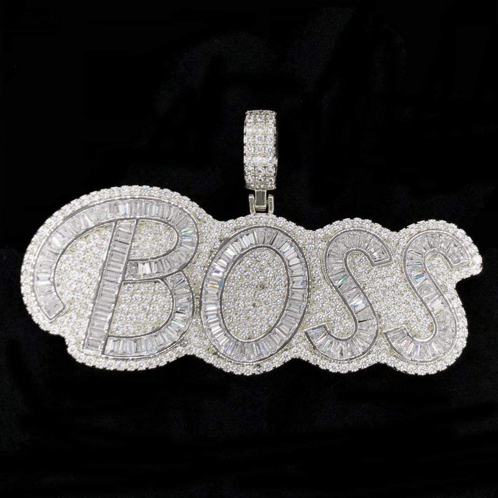 BOSS Baguette Piece VVS CZ Hip Hop Bling Bling Pendant White Gold HipHopBling