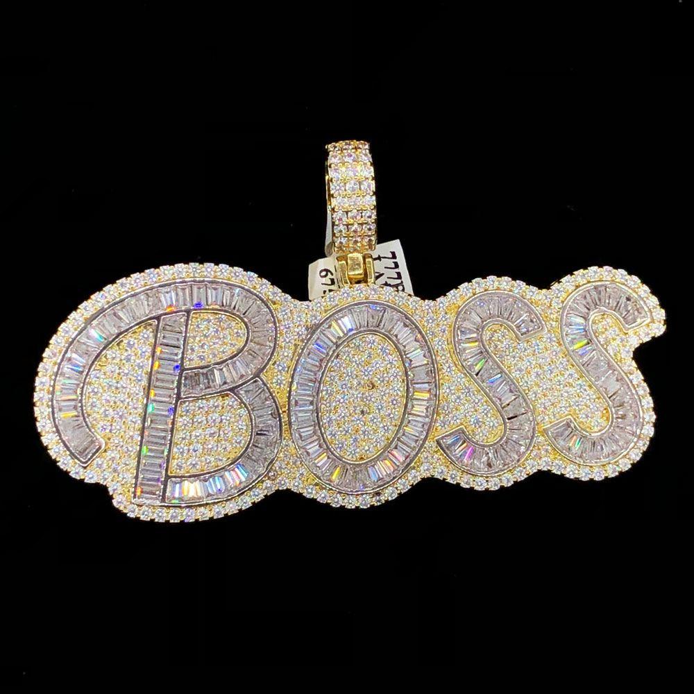 BOSS Baguette Piece VVS CZ Hip Hop Bling Bling Pendant Yellow Gold HipHopBling