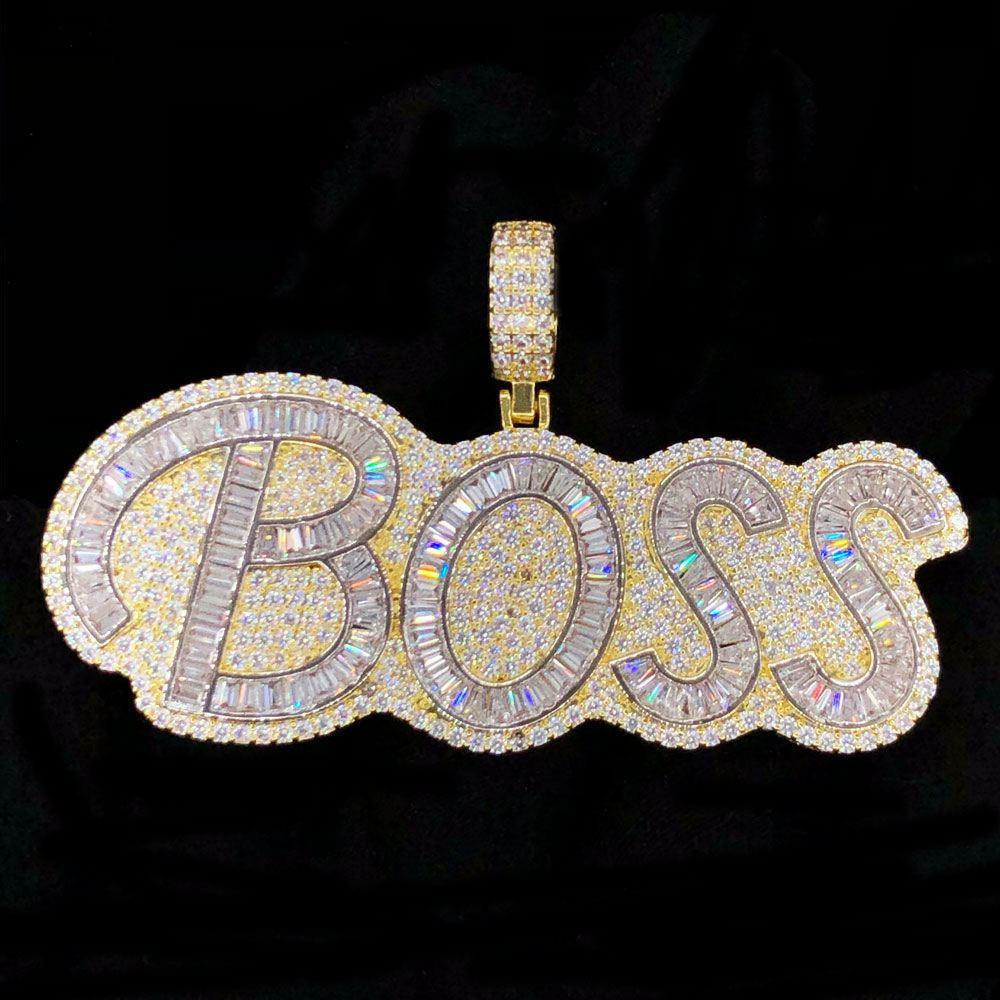 BOSS Baguette Piece VVS CZ Hip Hop Bling Bling Pendant Yellow Gold HipHopBling