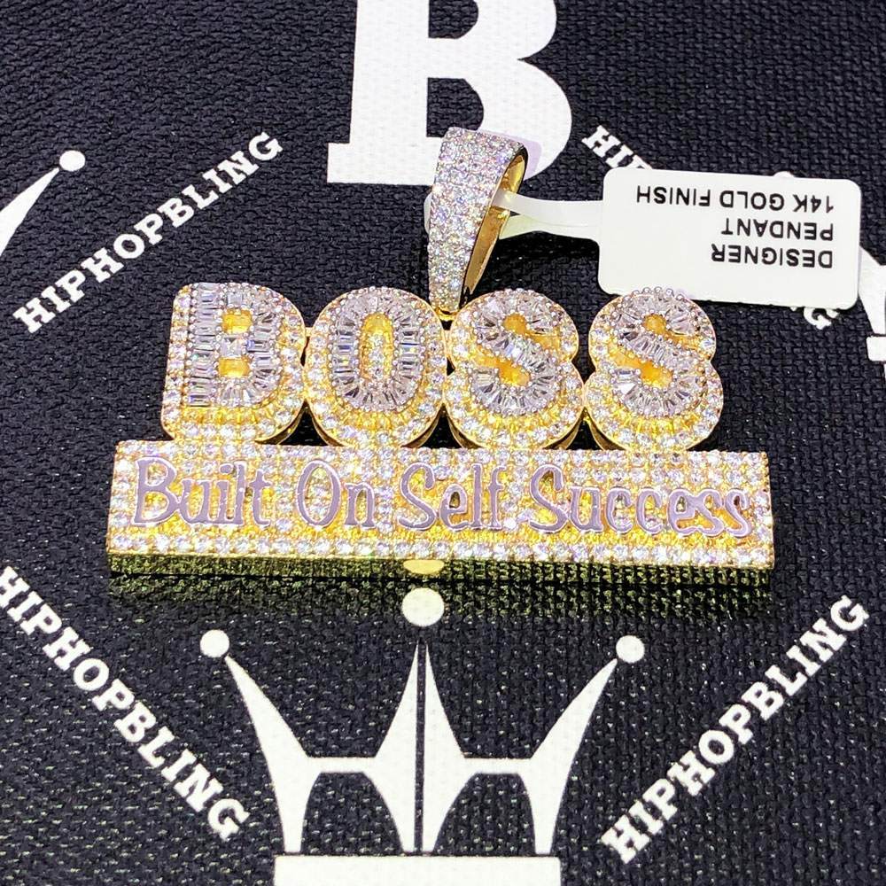 BOSS Built on Self Success CZ Hip Hop Bling Bling Pendant Yellow Gold HipHopBling