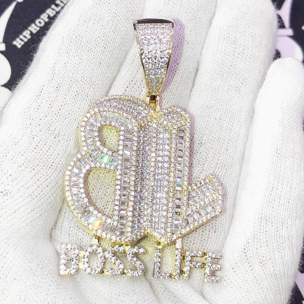 BOSS LIFE Baguette VVS CZ Hip Hop Iced Out Pendant Yellow Gold HipHopBling