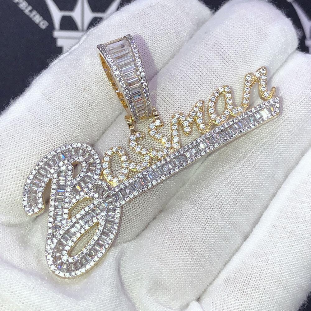 Bossman Baguette VVS CZ Hip Hop Iced Out Pendant Yellow Gold HipHopBling