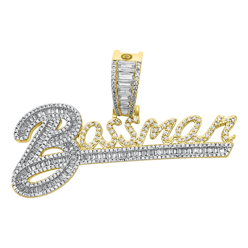 Bossman Baguette VVS CZ Hip Hop Iced Out Pendant Yellow Gold HipHopBling
