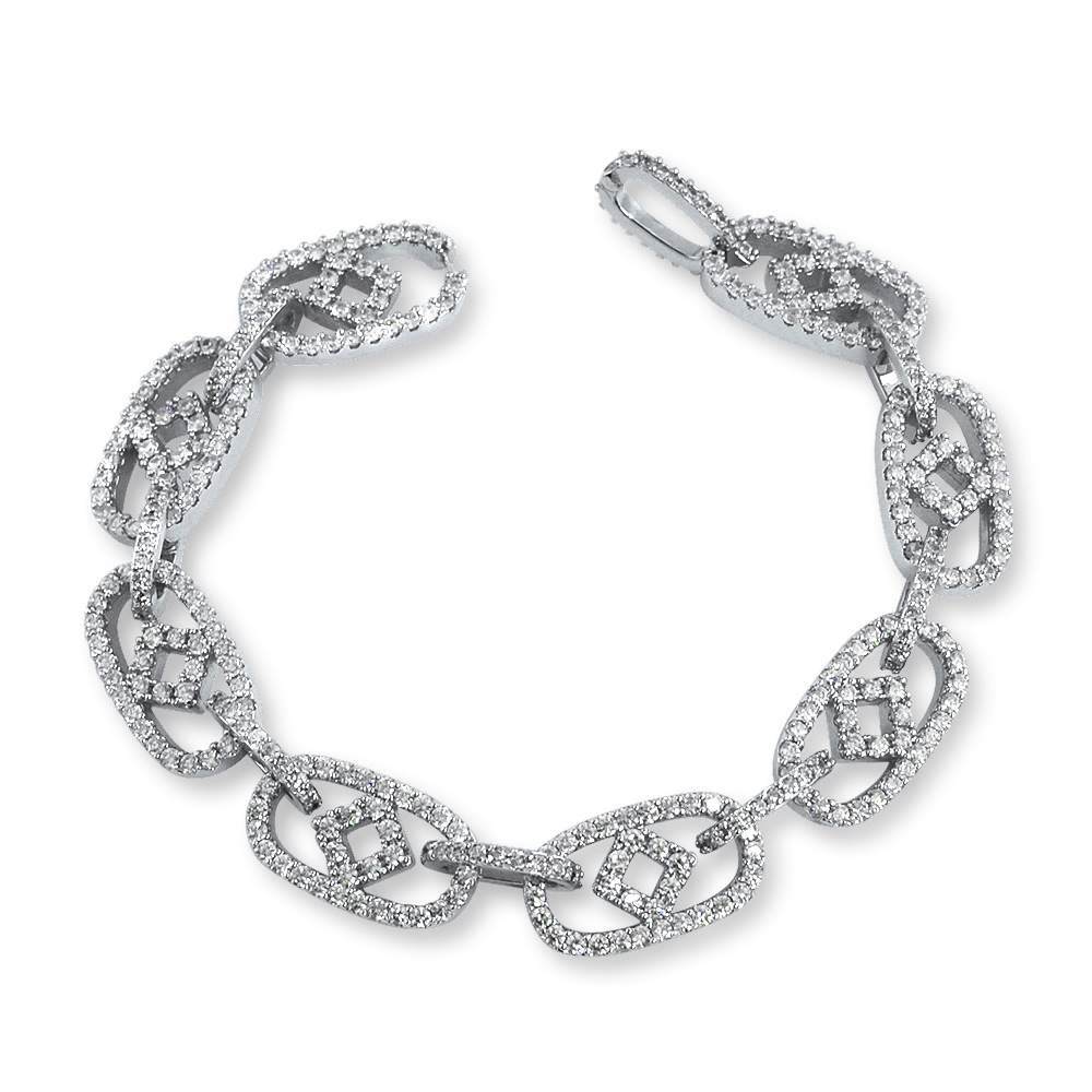 Box Oval Link CZ Iced Out Hip Hop Bracelet White Gold 8" HipHopBling