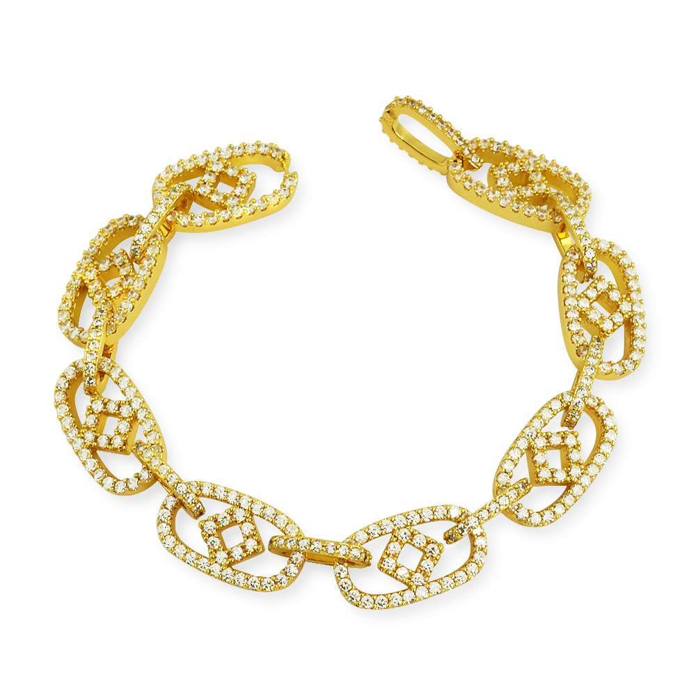 Box Oval Link CZ Iced Out Hip Hop Bracelet Yellow Gold 8" HipHopBling